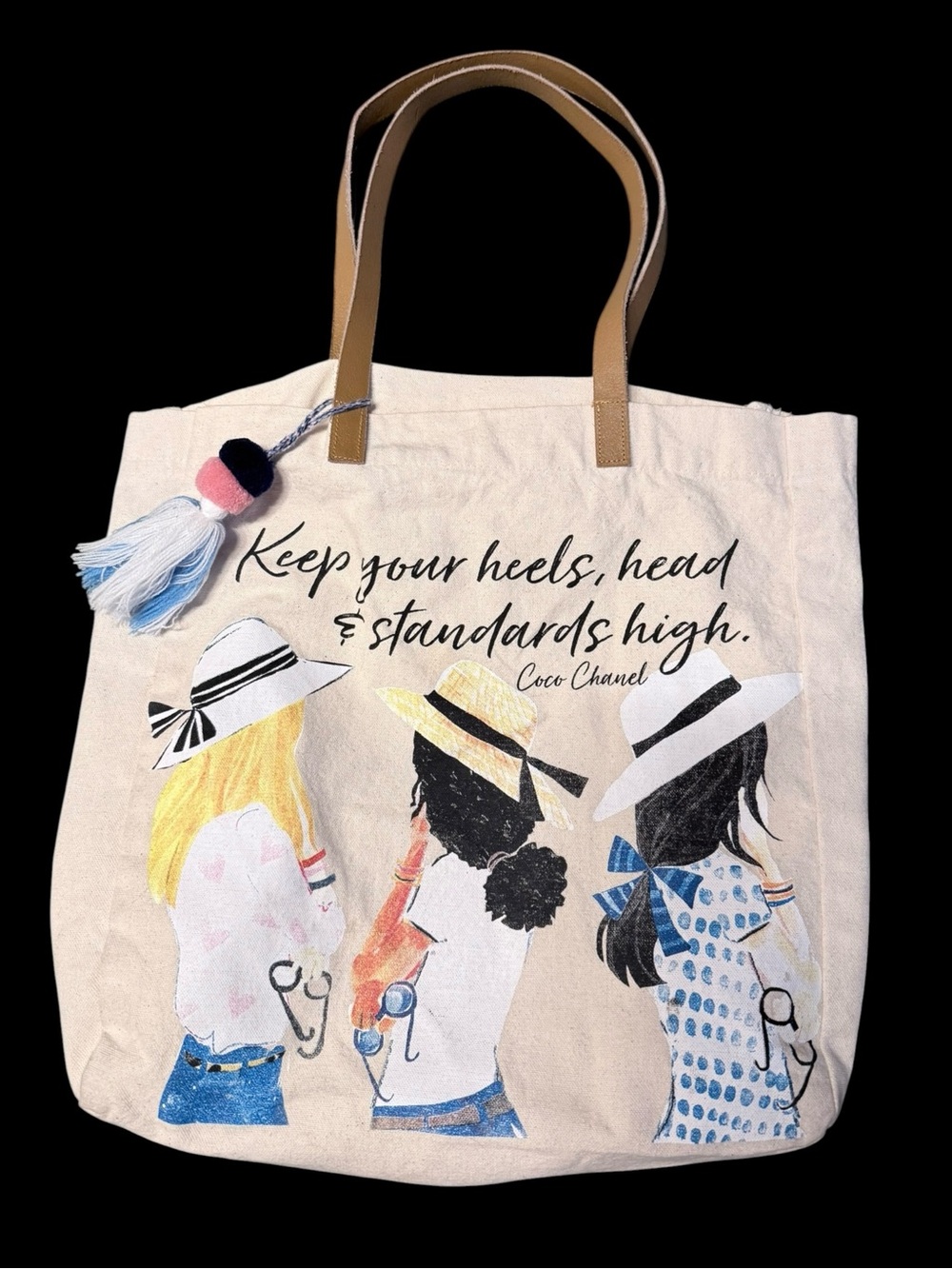 Beth Briggs Large Canvas Pom Pom Tote Coco Chanel Quote Shopping Bag